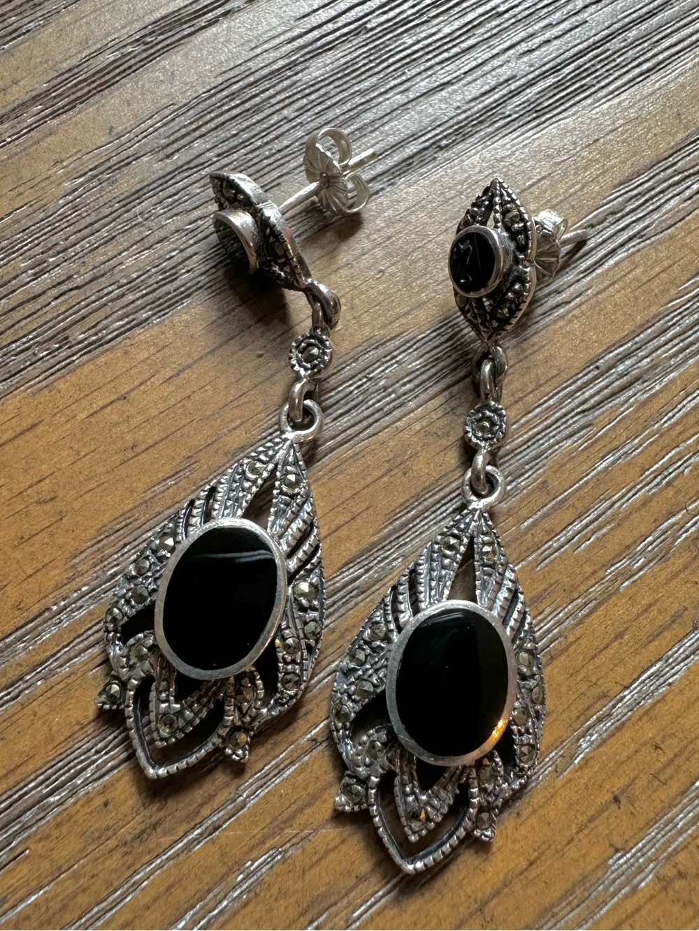 Sterling Onyx and Marcasite Art Deco Earrings